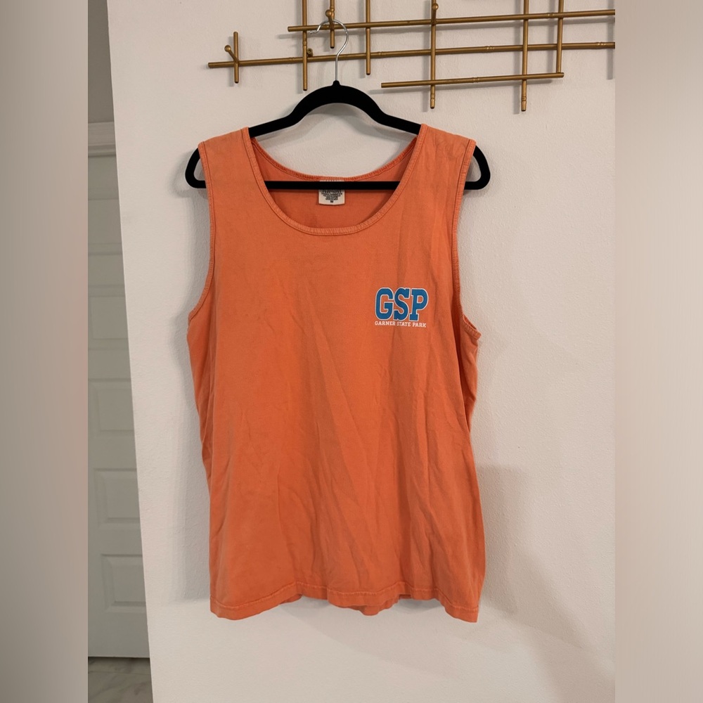 Comfort colors orange tank top, size medium, Garner State Park Logo